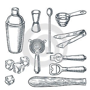 Cocktail bar tools and equipment sketch illustration. Hand drawn icons and design elements for bartender work