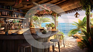 Cocktail bar at a tropical beach. Generative AI.