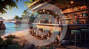 Cocktail bar at a tropical beach. Generative AI.