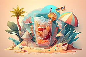 Cocktail, beach, sea, palm tree, umbrella and sunglasses, travel illustration, summer, tropical beach, vacation, tourism concept
