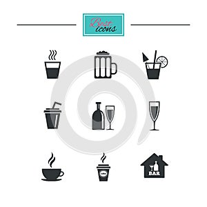 Cocktail, beer icons. Coffee and tea drinks.