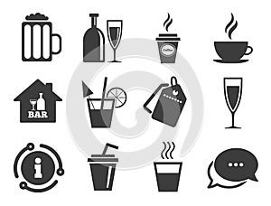 Cocktail, beer icons. Coffee and tea drinks. Vector