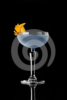 Cocktail on black background menu layout restaurant bar vodka wiskey tonic orange blue agent 007 gin studio photo