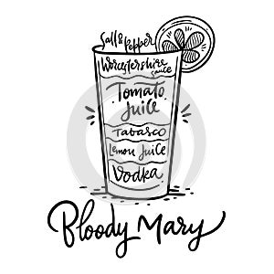 Cocktail Bloody Mary and its ingredients in vintage hand drawn style. Hand draw  illustration