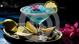 Cocktail Blue Lagoon. Elegant glass of blue lagoon cocktail on table at night. Food photo. Side view. Horizontal format. Ai