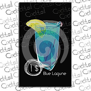 Cocktail Blue Lagune with price on chalk board. Template element for cocktail menu.
