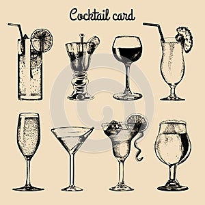Cocktail card. Hand sketched alcoholic beverages glasses. Vector set of drinks illustrations, vodkatini, champagne etc.