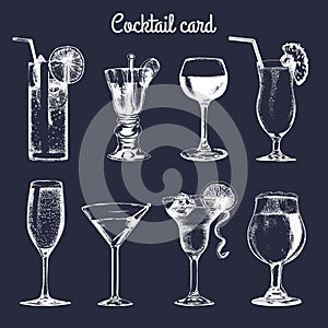 Cocktail card. Hand sketched alcoholic beverages glasses. Vector set of drinks illustrations, vodkatini, champagne etc.