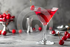 cocktail with cherry. Cold cocktail with a cherry in martini glass. Cold alcoholic cocktail. Cocktail drink. Cherry martini.