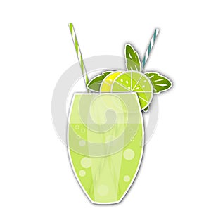 Cocktail citrus background. Glass of drink with tubule. Illustration of bubble tea or milkshake isolated