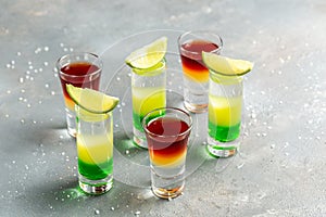 Cocktail Collection layered shots. Mexican alcoholic cocktail drinks shot
