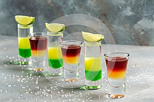 Cocktail Collection layered shots. Mexican alcoholic cocktail drinks shot