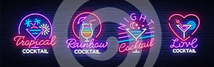Cocktail collection logos in neon style. Collection of neon signs, Design template on the theme of drinks, alcoholic