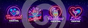 Cocktail collection logos in neon style. Collection of neon signs, Design template on the theme of drinks, alcoholic