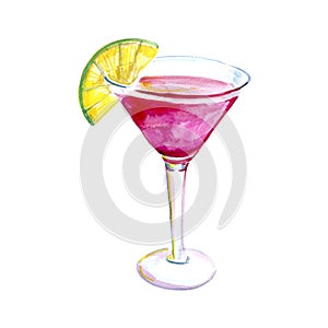 Cocktail cosmopolitan watercolor illustration, picture for the menu in the bar, alcoholic drink