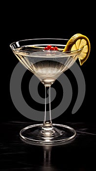 Cocktail with in a Coupe Glass with Genever Maraschino Liquer Lemon Juice Bitters and a Lemon Peel Selective Focuse Background