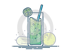 Cocktail With Cucumber In Cool Glass. Summer Illustration For Design Cafe Menu