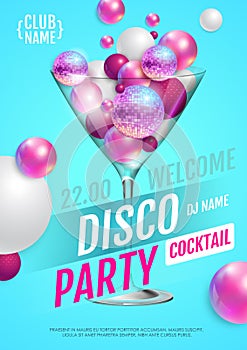Cocktail disco party poster with 3d abstract spheres and pink disco ball.