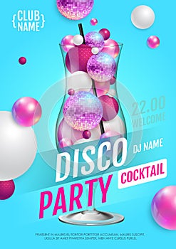 Cocktail disco party poster with 3d abstract spheres and pink disco ball.