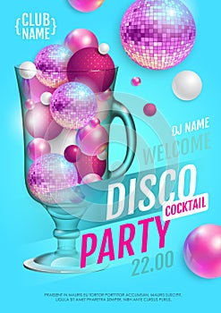 Cocktail disco party poster with 3d abstract spheres and pink disco ball.