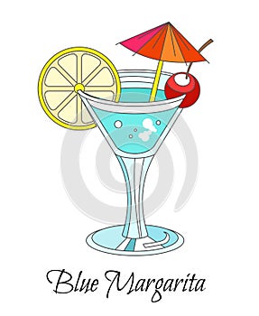 Cocktail drink, blue margarita with lemon and cherry, isolated icon