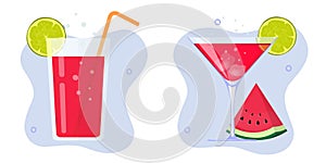 Cocktail drink glasses vector icon set graphic illustration image clipart, red tropical juice sweet strawberry beverage with lime