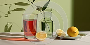 Cocktail drink with lemons, glass and bottle with plant, sage elegant background