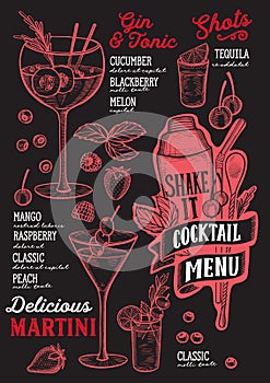 Cocktail drink menu template for restaurant with doodle hand-drawn graphic.