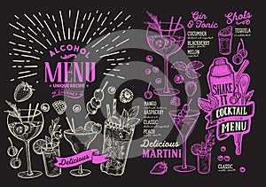 Cocktail drink menu template for restaurant with doodle hand-drawn graphic