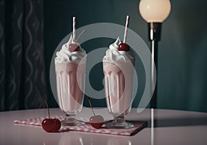 cocktail drink retro pink milkshake cream ice beverage sweet glass. Generative AI.