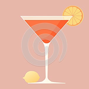 Cocktail drink with a slice og lemon. Cold drink for bar and party. Rose wine for event. Flat vector illustration with