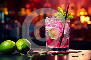 Cocktail drink on table signature drink with lemon on a bar counter photo
