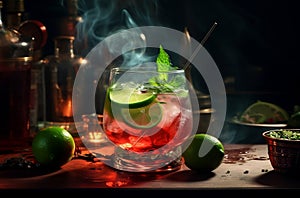 Cocktail drink on table signature drink with lemon on a bar counter photo