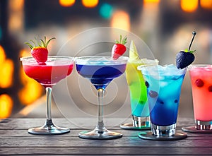 Cocktail drinks on a bar with bokeh background