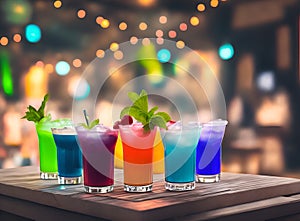 Cocktail drinks on a bar with bokeh background