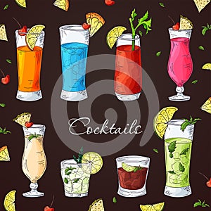 Cocktail drinks set in different glass in hand drawn sketch style. Alcoholic drinks in glasses in vintage drawing vector