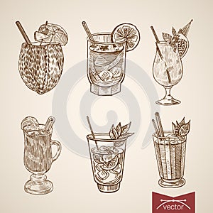 Cocktail exotic beverage alcohol glasses engraving retro