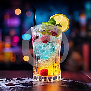 cocktail with fruits Refreshment multicolor fruit cocktail with ice, lemon and mint in a bar, night club party with soft drinks.
