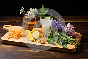 cocktail garnishes displayed on a wooden chopping board