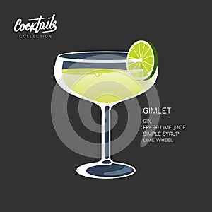 Cocktail Gimlet glass lime wheel black vector illustration