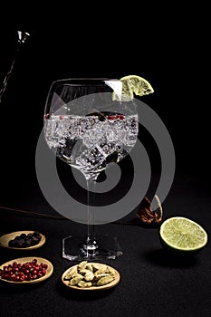 Cocktail of gin and tonic on a black background with his ingreedientes