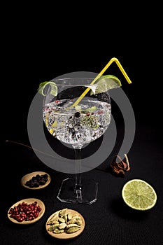 Cocktail of gin and tonic on a black background with his ingreedientes