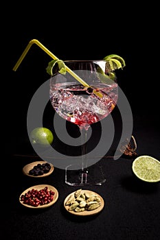 Cocktail of gin and tonic on a black background with his ingreedientes