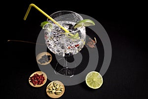 Cocktail of gin and tonic on a black background with his ingreedientes