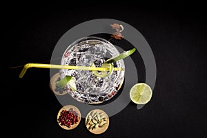 Cocktail of gin and tonic on a black background with his ingreedientes