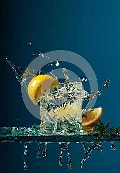 Cocktail gin-tonic with lemon and rosemary on a glass table