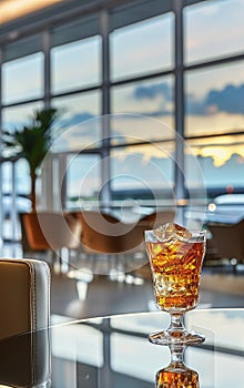 Cocktail glass on airport lounge table,background of large windows,airplanes and sunset outside