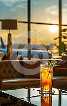 Cocktail glass on airport lounge table,background of large windows,airplanes and sunset outside