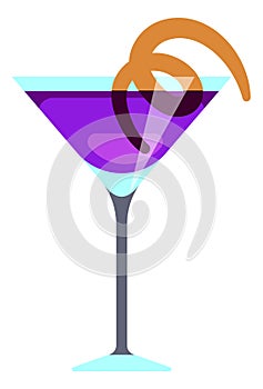 Cocktail glass with citrus twist. Purple drink in cartooon style