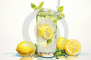 Cocktail glass drink water fresh lemonade fruit summer beverage background cold lemon mint